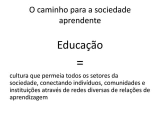 O caminho para a sociedade
aprendente
Educação
=
cultura que permeia todos os setores da
sociedade, conectando indivíduos, comunidades e
instituições através de redes diversas de relações de
aprendizagem
 