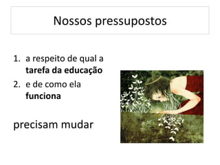 Nossos pressupostos
1. a respeito de qual a
tarefa da educação
2. e de como ela
funciona
precisam mudar
 