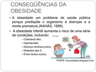 CONSEQÜÊNCIAS DA
OBESIDADE
 A obesidade um problema de saúde pública
porque predispõe o organismo à doenças e a
morte prematura (NAHÁS, 1999).
 A obesidade infantil aumenta o risco de uma série
de condições, incluindo:
Colesterol alto;
Hipertensão;
Doença cardíaca precoce;
Diabetes tipo 2;
Entre tantas outras.
FONTE: fococidadao.blogspot.com
 