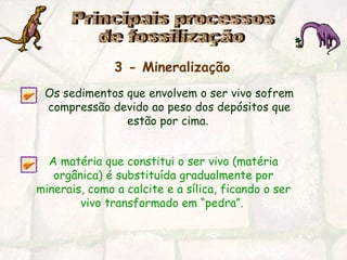 Principais processos  de fossilização 3 - Mineralização   Os sedimentos que envolvem o ser vivo sofrem compressão devido ao peso dos depósitos que estão por cima.   A matéria que constitui o ser vivo (matéria orgânica) é substituída gradualmente por minerais, como a calcite e a sílica, ficando o ser vivo transformado em “pedra”.   