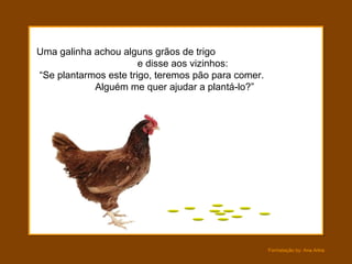 Uma galinha achou alguns grãos de trigo  e disse aos vizinhos:  “Se plantarmos este trigo, teremos pão para comer.  Alguém me quer ajudar a plantá-lo?” 