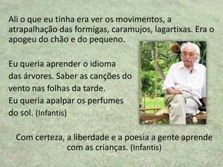 Ali o que eu tinha era ver os movimentos, a
atrapalhação das formigas, caramujos, lagartixas. Era o
apogeu do chão e do pequeno.
Eu queria aprender o idioma
das árvores. Saber as canções do
vento nas folhas da tarde.
Eu queria apalpar os perfumes
do sol. (Infantis)
Com certeza, a liberdade e a poesia a gente aprende
com as crianças. (Infantis)
 