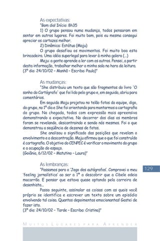 129
M U I T O S L U G A R E S P A R A A P R E N D E R
As expectativas:
“Bom dia! Início: 8h35
1) O grupo pensou numa mudança, todos pensaram em
sentar em outros lugares. Foi muito bom, pois eu mesma consegui
apreciar os cartazes melhor.
2) Dinâmica: Estátua (Maju)
O grupo desafiou os movimentos. Foi muito boa esta
brincadeira. Uma idéia superlegal para levar à minha galera (...)
Maju: a gente aprende a ler com os outros. Pensei, a partir
desta informação, trabalhar melhor a minha sala na hora da leitura.
(3º dia: 24/10/02 – Manhã – Escriba: Paula)"
As mudanças:
“She distribuiu um texto que são fragmentos do livro 'O
sonho do Cartógrafo' que foi lido pelo grupo e, em seguida, abriu para
comentários.
Em seguida Maju projetou no telão fotos da equipe, digo,
do grupo, no 1º dia e She foi orientando para montarmos a cartograﬁa
do grupo. Na chegada, todos com expressão mais apreensiva
demonstrando a expectativa. No decorrer dos dias os membros
foram se revelando, descontraindo e sendo nós mesmos. Foi o que
demonstrou a seqüência de dezenas de fotos.
She analisou o signiﬁcado das posições que revelam o
envolvimento e a descontração. Maju aﬁrmou que o que foi construído
écartograﬁa.OobjetivodoCENPECéveriﬁcaromovimentodogrupo
e a ocupação do espaço.
(Goiânia, 6/12/02 – Matutino – Laura)"
As lembranças:
“Passamos para o ‘Jogo dos autógrafos’. Comprovei o meu
‘feeling jornalístico’ ao ser a 1ª a descobrir que a Cibele odeia
macarrão. E pensar que estava quase optando pela carreira de
desenhista...
Passo seguinte, assinalar as coisas com as quais você
próprio se identifica e escrever um texto sobre um episódio
envolvendo tal coisa. Quantos depoimentos emocionantes! Gostei de
fazer isto.
(3º dia: 24/10/02 – Tarde – Escriba: Cristina)"
 