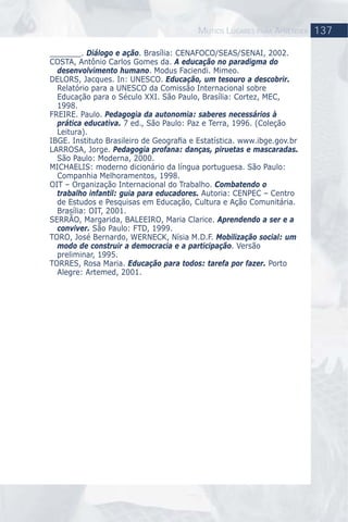 137MUTIOS LUGARES PARA APRENDER
_______. Diálogo e ação. Brasília: CENAFOCO/SEAS/SENAI, 2002.
COSTA, Antônio Carlos Gomes da. A educação no paradigma do
desenvolvimento humano. Modus Faciendi. Mimeo.
DELORS, Jacques. In: UNESCO. Educação, um tesouro a descobrir.
Relatório para a UNESCO da Comissão Internacional sobre
Educação para o Século XXI. São Paulo, Brasília: Cortez, MEC,
1998.
FREIRE. Paulo. Pedagogia da autonomia: saberes necessários à
prática educativa. 7 ed., São Paulo: Paz e Terra, 1996. (Coleção
Leitura).
IBGE. Instituto Brasileiro de Geograﬁa e Estatística. www.ibge.gov.br
LARROSA, Jorge. Pedagogia profana: danças, piruetas e mascaradas.
São Paulo: Moderna, 2000.
MICHAELIS: moderno dicionário da língua portuguesa. São Paulo:
Companhia Melhoramentos, 1998.
OIT – Organização Internacional do Trabalho. Combatendo o
trabalho infantil: guia para educadores. Autoria: CENPEC – Centro
de Estudos e Pesquisas em Educação, Cultura e Ação Comunitária.
Brasília: OIT, 2001.
SERRÃO, Margarida, BALEEIRO, Maria Clarice. Aprendendo a ser e a
conviver. São Paulo: FTD, 1999.
TORO, José Bernardo, WERNECK, Nísia M.D.F. Mobilização social: um
modo de construir a democracia e a participação. Versão
preliminar, 1995.
TORRES, Rosa Maria. Educação para todos: tarefa por fazer. Porto
Alegre: Artemed, 2001.
 