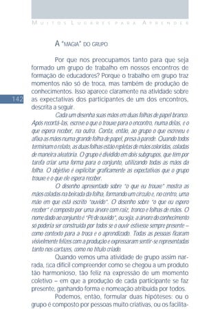 142
M U I T O S L U G A R E S P A R A A P R E N D E R
A “MAGIA” DO GRUPO
Por que nos preocupamos tanto para que seja
formado um grupo de trabalho em nossos encontros de
formação de educadores? Porque o trabalho em grupo traz
momentos não só de troca, mas também de produção de
conhecimentos. Isso aparece claramente na atividade sobre
as expectativas dos participantes de um dos encontros,
descrita a seguir.
Cada um desenha suas mãos em duas folhas de papel branco.
Após recortá-las, escreve o que o trouxe para o encontro, numa delas, e o
que espera receber, na outra. Conta, então, ao grupo o que escreveu e
aﬁxa as mãos numa grande folha de papel, presa à parede. Quando todos
terminamorelato,asduasfolhasestãorepletasdemãoscoloridas,coladas
de maneira aleatória. O grupo é dividido em dois subgrupos, que têm por
tarefa criar uma forma para o conjunto, utilizando todas as mãos da
folha. O objetivo é explicitar graﬁcamente as expectativas que o grupo
trouxe e o que ele espera receber.
O desenho apresentado sobre “o que eu trouxe” mostra as
mãos coladas na beirada da folha, formando um círculo e, no centro, uma
mão em que está escrito “ouvido”. O desenho sobre “o que eu espero
receber” é composto por uma árvore com raiz, tronco e folhas de mãos. O
nomedadoaoconjuntoé“Pédeouvido”,ouseja,aárvoredoconhecimento
só poderia ser construída por todos se o ouvir estivesse sempre presente –
como contexto para a troca e o aprendizado. Todas as pessoas ﬁcaram
visivelmente felizes com a produção e expressaram sentir-se representadas
tanto nos cartazes, como no título criado.
Quando vemos uma atividade de grupo assim nar-
rada, ﬁca difícil compreender como se chegou a um produto
tão harmonioso, tão feliz na expressão de um momento
coletivo – em que a produção de cada participante se faz
presente, ganhando forma e nomeação atribuída por todos.
Podemos, então, formular duas hipóteses: ou o
grupo é composto por pessoas muito criativas, ou os facilita-
 