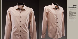 Almond
Checked Brown
Suggested Retail: $245
•	 Tailored fit
•	 100% black silk charmeuse
exterior & interior collar band
& front placket
•	 100% black silk charmeuse
inner cuffs
•	 Removable collar stays
•	 18 to 22 stitches to the inch
•	 Premium interlinings
•	 2ply 100% superfine cotton
 