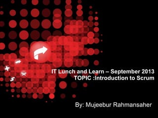 IT Lunch and Learn – September 2013
TOPIC :Introduction to Scrum

By: Mujeebur Rahmansaher

 