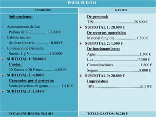 PRESUPUESTO
INGRESOS GASTOS
Subvenciones:
 Ayuntamiento de Las
Palmas de G.C.............. 30.000 €
 Cabildo insular
de Gran Canaria.............. 10.000 €
 Consejeria de Bienestar
Social, J. y V. ...................10.000€
SUBTOTAL 1: 50.000 €
Cuotas:
20 Socios x 20 €/mes............ 4.800 €
SUBTOTAL 2: 4.800 €
Generados por el proyecto:
Venta pulseritas de goma............. 1.410 €
SUBTOTAL 3: 1.410 €
De personal:
TIS..........................................28.800 €
SUBTOTAL 1: 28.800 €
De recursos materiales:
Material fungible...................... 1.500 €
SUBTOTAL 2: 1.500 €
De funcionamiento:
Agua ............................................3.500 €
Luz .............................................7.500 €
Comunicaciones............................1.800 €
Seguro..........................................8.000 €
SUBTOTAL 3: 20.800 €
Imprevistos:
10% ..............................................5.110 €
TOTAL INGRESOS: 56.210 € TOTAL GASTOS: 56.210 €
 