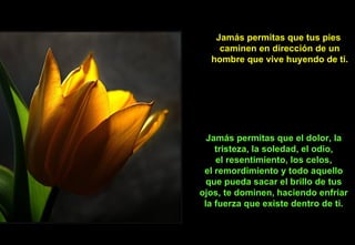 Jamás permitas que tus pies
    caminen en dirección de un
  hombre que vive huyendo de ti.




  Jamás permitas que el dolor, la
    tristeza, la soledad, el odio,
    el resentimiento, los celos,
 el remordimiento y todo aquello
  que pueda sacar el brillo de tus
ojos, te dominen, haciendo enfriar
 la fuerza que existe dentro de ti.
 