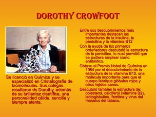 DoRoThy cRowFooT
                                     Entre sus descubrimientos más
                                        importantes destacan las
                                        estructuras de la insulina, la
                                        penicilina y la vitamina B12
                                     Con la ayuda de los primeros
                                        ordenadores descubrió la estructura
                                        de la penicilina, lo cual permitió que
                                        se pudiera emplear como
                                        antibiótico.
                                     Obtuvo el Premio Nobel de Química en
                                        1964 por el descubrimiento de la
                                        estructura de la vitamina B12, una
Se licenció en Química y se             molécula importante para que el
  especializó en Cristalografía de      cuerpo fabrique glóbulos rojos y
  biomoléculas. Sus colegas             otros tejidos sanos.
  resaltaron de Dorothy, además      Descubrió también la estructura de:
  de su brillantez científica, una      colesterol, calciferol (vitamina B2),
  personalidad cálida, sencilla y       lactoglobulina, ferritina y virus del
  siempre atenta.                       mosaico del tabaco.
 
