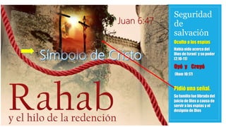 Seguridad
de
salvación
Oculto a los espías
Había oído acerca del
Dios de Israel y su poder
(2:10-11)
Oyó y Creyó
(Rom 10:17)
Pidió una señal.
Su familia fue librada del
juicio de Dios a causa de
servir a los espías y el
designio de Dios
Juan 6:47
 
