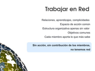 Trabajar en Red
Relaciones, aprendizajes, complicidades
Espacio de acción común
Estructura organizativa apenas sin valor
Objetivos comunes
Cada miembro aporta lo que más sabe
Sin acción, sin contribución de los miembros,
no tenemos red
 