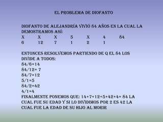 El problema de diofanto


Diofanto de Alejandría vivió 84 años en la cual la
demostramos así:
X     X      X     5      X       4      84
6     12     7     1      2       1

Entonces resolvemos partiendo de q el 84 los
divide a todos:
84/6=14
84/12= 7
84/7=12
5/1=5
84/2=42
4/1=4
Finalmente ponemos que: 14+7+12+5+42+4= 84 la
cual fue su edad y si lo dividimos por 2 es 42 la
cual fue la edad de su hijo al morir
 