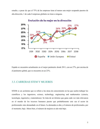    
estudio, a pesar de que el 75% de las empresas tiene al menos una mujer ocupando puestos de
alta dirección, 1 de cada 4 empresas globales no tiene a ninguna.
España se encuentra actualmente en el mejor parámetro desde 2011, con un 27%, por encima de
el parámetro global, que se encuentra en un 23%.
3.3. CARRERAS STEM Y MUJERES
 
STEM es un acrónimo que se refiere a las áreas de conocimiento en las que suelen trabajar los
científicos y los ingenieros, science, technology, engineering and mathematics (ciencia,
tecnología, ingeniería y matemáticas). Se trata de un término que gana cada vez más relevancia
en el mundo de los recursos humanos puesto que probablemente este sea el sector de
profesionales más demandado en el futuro. La demanda es alta y el número de profesionales, por
el momento, bajo. Ahora bien, el número de mujeres es aún más bajo.
8 
 
 