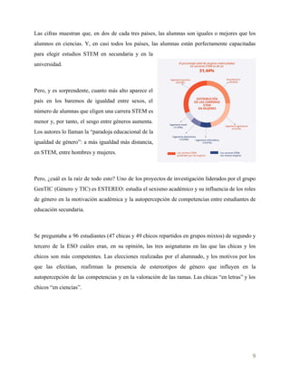    
Las cifras muestran que, en dos de cada tres países, las alumnas son iguales o mejores que los
alumnos en ciencias. Y, en casi todos los países, las alumnas están perfectamente capacitadas
para elegir estudios STEM en secundaria y en la
universidad.
Pero, y es sorprendente, cuanto más alto aparece el
país en los baremos de igualdad entre sexos, el
número de alumnas que eligen una carrera STEM es
menor y, por tanto, el sesgo entre géneros aumenta.
Los autores lo llaman la “paradoja educacional de la
igualdad de género”: a más igualdad más distancia,
en STEM, entre hombres y mujeres.
Pero, ¿cuál es la raíz de todo esto? Uno de los proyectos de investigación liderados por el grupo
GenTIC (Género y TIC) es ESTEREO: estudia el sexismo académico y su influencia de los roles
de género en la motivación académica y la autopercepción de competencias entre estudiantes de
educación secundaria.
Se preguntaba a 96 estudiantes (47 chicas y 49 chicos repartidos en grupos mixtos) de segundo y
tercero de la ESO cuáles eran, en su opinión, las tres asignaturas en las que las chicas y los
chicos son más competentes. Las elecciones realizadas por el alumnado, y los motivos por los
que las efectúan, reafirman la presencia de estereotipos de género que influyen en la
autopercepción de las competencias y en la valoración de las ramas. Las chicas “en letras” y los
chicos “en ciencias”.
9 
 
 