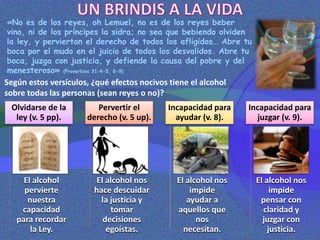 «No es de los reyes, oh Lemuel, no es de los reyes beber
vino, ni de los príncipes la sidra; no sea que bebiendo olviden
la ley, y perviertan el derecho de todos los afligidos… Abre tu
boca por el mudo en el juicio de todos los desvalidos. Abre tu
boca, juzga con justicia, y defiende la causa del pobre y del
menesteroso» (Proverbios 31:4-5, 8-9)
Según estos versículos, ¿qué efectos nocivos tiene el alcohol
sobre todas las personas (sean reyes o no)?
El alcohol
pervierte
nuestra
capacidad
para recordar
la Ley.
Olvidarse de la
ley (v. 5 pp).
El alcohol nos
hace descuidar
la justicia y
tomar
decisiones
egoístas.
Pervertir el
derecho (v. 5 up).
El alcohol nos
impide
ayudar a
aquellos que
nos
necesitan.
Incapacidad para
ayudar (v. 8).
El alcohol nos
impide
pensar con
claridad y
juzgar con
justicia.
Incapacidad para
juzgar (v. 9).
 