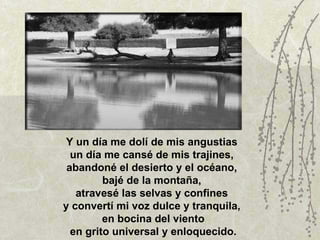 Y un día me dolí de mis angustias  un día me cansé de mis trajines,  abandoné el desierto y el océano,  bajé de la montaña,  atravesé las selvas y confines  y convertí mi voz dulce y tranquila,  en bocina del viento en grito universal y enloquecido. 