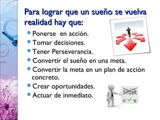 Para lograr que un sueño se vuelva
realidad hay que:
Ponerse   en acción.
Tomar decisiones.
Tener Perseverancia.
Convertir el sueño en una meta.
Convertir la meta en un plan de acción
 concreto.
Crear oportunidades.
Actuar de inmediato.
 