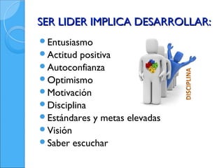 SER LIDER IMPLICA DESARROLLAR:
Entusiasmo
Actitud  positiva
Autoconfianza
Optimismo
Motivación
Disciplina
Estándares y metas elevadas
Visión
Saber escuchar
 