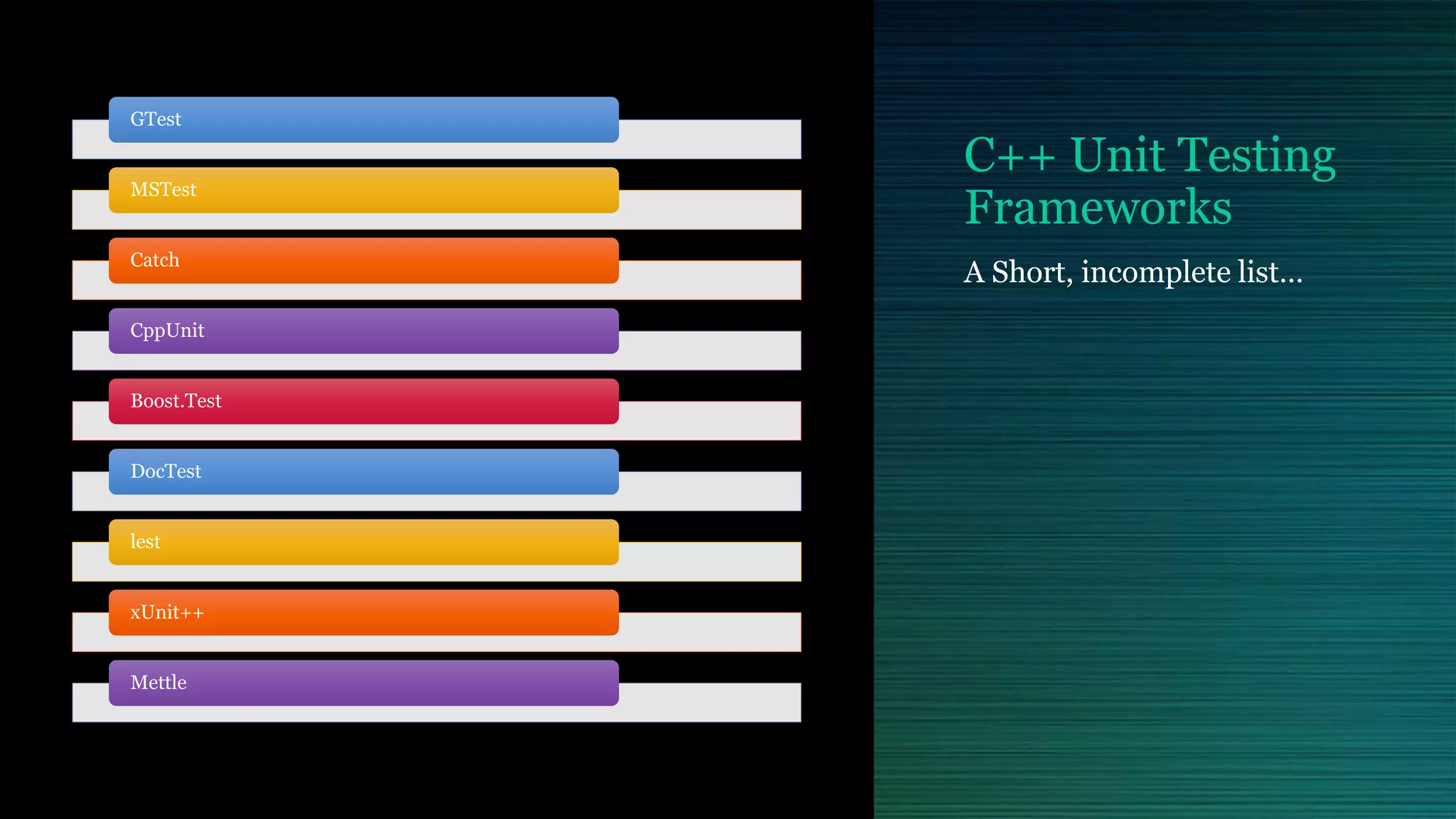 C++ Unit Testing
Frameworks
GTest
MSTest
Catch
CppUnit
Boost.Test
DocTest
lest
xUnit++
Mettle
A Short, incomplete list…
 