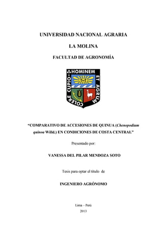 UNIVERSIDAD NACIONAL AGRARIA
LAMOLINA
FACULTAD DE AGRONOMÍA
"COMPARATIVO DE ACCESIONES DE QUINUA (Chenopodium
quinoa Willd.) EN CONDICIONES DE COSTA CENTRAL"
Presentado por:
VANESSA DEL PILAR MENDOZA SOTO
Tesis para optar el título de
INGENIERO AGRÓNOMO
Lima- Perú
2013
 