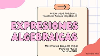 Matemática Trayecto Inicial
Expresiones
Expresiones
algebraicas
algebraicas
Manuela Mujica
Sección IN114
Universidad Politécnica
Territorial Andrés Eloy Blanco
diciembre 2022
 