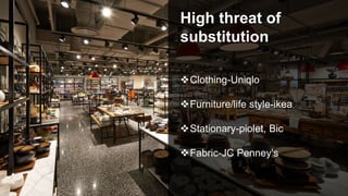 High threat of
substitution
Clothing-Uniqlo
Furniture/life style-ikea
Stationary-piolet, Bic
Fabric-JC Penney’s
 
