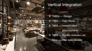 Vertical Integration
 1980s --- Design
 1983 --- First Store
 1985 --- Independent
procurement
 1989 --- Ryohin Keikaku Ltd
Now --- After sale service
 