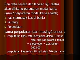 Dari data neraca dan laporan R/L diatas
akan dihitung perputaran modal kerja,
unsur2 perputaran modal kerja adalah;
4. Kas (termasuk kas di bank)
5. Piutang
6. Persediaan

Lama perputaran dari masing2 unsur ;
l   Perputaran kas= total penjualan dalam 1 tahun
                        rata-rata kas dalam 1 tahun
                    = 6.000.000 = 20x/tahun
                        200.000
    perputaran kas setiap 18 hari atau 20x per tahun
 