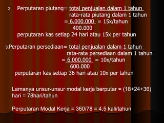 2.     Perputaran piutang= total penjualan dalam 1 tahun
                             rata-rata piutang dalam 1 tahun
                           = 6.000.000 = 15x/tahun
                               400.000
        perputaran kas setiap 24 hari atau 15x per tahun

3.Perputaran    persediaan= total penjualan dalam 1 tahun
                            rata-rata persediaan dalam 1 tahun
                          = 6.000.000 = 10x/tahun
                              600.000
       perputaran kas setiap 36 hari atau 10x per tahun

      Lamanya unsur-unsur modal kerja berputar = (18+24+36)
      hari = 78hari/tahun

      Perputaran Modal Kerja = 360/78 = 4,5 kali/tahun
 