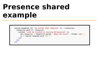 Presence shared 
example 
shared_examples_for "an action that requires" do |*resources| 
resources.each do |resource| 
context "with an invalid or missing #{resource}" do 
let(resource) { double(to_param: "does-not-exist", reload: nil) } 
it { should respond_with 404 } 
end 
end 
end 
 
