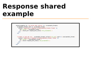 Response shared 
example 
shared_examples_for "an action that returns" do |*acceptable_formats| 
acceptable_formats.each do |acceptable_format| 
context "expecting a response in #{acceptable_format} format" do 
let(:format) { acceptable_format } 
it { should_not respond_with_status(:not_acceptable) } 
end 
end 
(%i(html js json xml csv) - acceptable_formats.collect(&:to_sym)).each do |unacceptable_format| 
context "expecting a response in #{unacceptable_format} format" do 
let(:format) { unacceptable_format } 
it { should respond_with_status(:not_acceptable) } 
end 
end 
end 
 