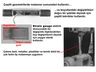 Çeşitli geometrilerde malzeme numuneleri kullanılır … … ve boyutlardaki değişiklikleri doğru bir şekilde ölçmek için çeşitli teknikler kullanılır . S train gauge   elektrik direncindeki bir değişimle ilişkilendirilen   boy değişimlerini ölçmek için yaygın olarak kullanılır.  İletken metal şerit Uygulanan elektrik akımı Çekme testi, metaller, plastikler ve kemik dahil bir çok farklı tip malzemeye uygulanır . 