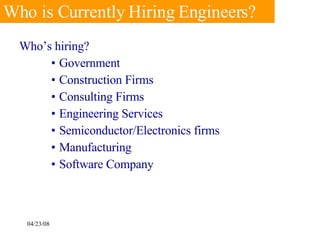 Who’s hiring? Government Construction Firms Consulting Firms Engineering Services Semiconductor/Electronics firms Manufacturing Software Company Who is Currently Hiring Engineers? 