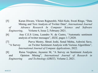 [5] Karan Diware, Vikram Rajpurohit, Nikit Kale, Swati Ringe, “Data
Mining and Text Analysis of Twitter Data”, International Journal
of Advance Research In Computer Science and Software
Engineering, Volume 6, Issue 2, February 2021.
[6] Ana C.E.S Lima, Leandro N. de Castro, “Automatic sentiment
analysis of twitter messages”, IEEE, pages 1-7,2020.
[7] Purva Mestry, Shruti Joshi, Sonal Mehta, Ashwini Save,
“A Survey on Twitter Sentiment Analysis with Various Algorithms”,
International Journal of Compute Applications, 2022.
[8] Raisa Varghese, Jayasree M, “A Survey on Sentiment Analysis
and Opinion Mining”, International Journal of Research in
Engineering and Technology (IJRET), Volume 2, 2021.
06/02/25 30
 