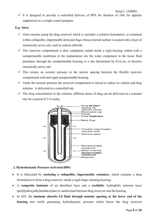 Suraj C. (ADDS) 
 It is designed to provide a controlled delivery of PPA for duration of 16hr for appetite suppression in a weight control program. 
E.g- Alzet, 
 Alzet osmotic pump the drug reservoir which is normally a solution formulation ,is contained within collapsible, impermeable polyester bags whose external surface is coated with a layer of osmotically active salt, such as sodium chloride . 
 This reservoir compartment is then completely sealed inside a rigid housing walled with a semipermeable membrane at the implantation site the water component in the tissue fluid penetrates through the semipermeable housing at a rate determined by PwAm/hm to dissolve osmotically active salt . 
 This creates an osmotic pressure in the narrow spacing between the flexible reservoir compartment wall and regid semipermeable housing. 
 Under the osmotic pressure the resesvoir compartment is forced to reduce its volume and drug solution is delivered at a controlled rate. 
 The drug concentration in the solution, different doses of drug can be delivered at a constant rate for a period of 1-4 weeks. 
2. Hydrodynamic Pressure-Activated DDS: 
• It is fabricated by enclosing a collapsible, impermeable container, which contains a drug formulation to form a drug reservoir, inside a rigid shape retaining housing. 
• A composite laminate of an absorbent layer and a swellable, hydrophilic polymer layer (polyhydroxyalkylmethacrylate) is sandwiched between drug reservoir and the housing. 
• In GIT, the laminate absorbs GI fluid through annular opening at the lower end of the housing and swells generating hydrodynamic pressure which forces the drug reservoir Page 8 of 18 
 