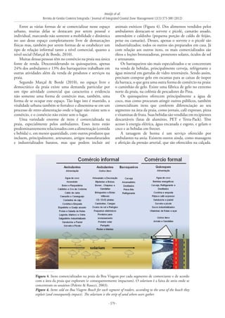 Araújo et al.
Revista de Gestão Costeira Integrada / Journal of Integrated Coastal Zone Management 12(3):373-388 (2012)
- 379 -
Entre as várias formas de se comercializar nesse espaço
urbano, muitas delas se destacam por serem pessoal e
individual, marcando não somente a mobilidade e dinâmica
no uso desse espaço completamente livre de demarcações
físicas mas, também por serem formas de se estabelecer um
tipo de relação informal tanto a nível comercial, quanto a
nível social (Marçal & Borde, 2010).
Muitas dessas pessoas têm no comércio na praia sua única
fonte de renda. Desconsiderando os quiosqueiros, apenas
24% dos ambulantes e 13% dos barraqueiros trabalham em
outras atividades além da venda de produtos e serviços na
praia.
Segundo Marçal & Borde (2010), no espaço livre e
democrático da praia existe uma demanda particular por
um tipo atividade comercial que caracteriza e evidencia
não somente uma forma de comércio mas, também, uma
forma de se ocupar este espaço. Tão logo isto é mantido, a
vitalidade urbana também se fortalece e dissemina-se em um
processo de retro-alimentação onde o lugar não existe sem o
comércio, e o comércio não existe sem o lugar.
Uma variedade enorme de itens é comercializada na
praia, especialmente pelos ambulantes. Esses itens estão
predominantementerelacionadoscomaalimentação(comida
e bebida) e, em menor quantidade, com outros produtos que
incluem, principalmente, artesanato, artigos manufaturados
e industrializados baratos, mas que podem incluir até
animais exóticos (Figura 4). Dos alimentos vendidos pelos
ambulantes destacam-se sorvete e picolé, camarão assado,
amendoim e caldinho (pequena porção de caldo de feijão,
peixe ou camarão). Desses, apenas o sorvete e o picolé são
industrializados; todos os outros são preparados em casa. Já
com relação aos outros itens, os mais comercializados são
óleos e loções bronzeadoras, protetores solares, óculos de sol
e artesanato.
Os barraqueiros são mais especializados e se concentram
na venda de bebidas, principalmente cerveja, refrigerante e
água mineral em garrafas de vidro retornáveis. Sendo assim,
precisam comprar gelo em escamas para as caixas de isopor
da barraca, o que gera uma outra forma de comércio na praia:
o caminhão de gelo. Existe uma fábrica de gelo no extremo
norte da praia, na colônia de pescadores do Pina.
Os quiosqueiros oferecem principalmente a água de
coco, mas como procuram atingir outros públicos, também
comercializam itens que conferem diferenciação ao seu
segmento na área da praia, como jornais, café expresso, pizza
e vitaminas de fruta. Suas bebidas são vendidas em recipientes
descartáveis (latas de alumínio, PET e Tetra-Pack). Têm
acesso à energia elétrica, água encanada e esgoto, e gelam o
coco e as bebidas em freezer.
A tatuagem de henna é um serviço oferecido por
ambulantes na areia. Existem outros ainda, como massagens
e aferição da pressão arterial, que são oferecidos na calçada.
Figura 4. Itens comercializados na praia da Boa Viagem por cada segmento de comerciante e de acordo
com a área da praia que exploram (e consequentemente impactam). O solarium é a faixa de areia onde se
concentram os usuários (Polette & Raucci, 2003).
Figure 4. Items sold on Boa Viagem Beach for each segment of traders, according to the area of the beach they
exploit (and consequently impact). The solarium is the strip of sand where users gather.
 