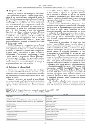 Pires, Craveiro & Antunes
Revista de Gestão Costeira Integrada / Journal of Integrated Coastal Zone Management 12(3):277-290 (2012)
- 281 -
3.2. 	Ocupação do Solo
Na escala de análise de 1km ao longo da zona costeira,
a partir da linha de preia-mar, é considerado pertinente a
análise de um outro indicador, conduzindo à análise da
COS. Esta informação, concebida pelo Instituto Geográfico
Português, refere-se à ocupação do solo, com uma unidade
mínima de 1ha, sendo produzida com base na interpretação
visual de ortofotomapas, que dá origem a uma nomenclatura
com vários níveis de informação, que serão detalhados
posteriormente. A análise desta informação aborda dois
anos, 1990 e 2007 (anos para os quais existe informação
disponível), mas coloca o problema de existirem diferenças
nas classes entre a COS de 2007 e a de 1990 (Caetano et
al., 2009). Foi assim criada uma tabela de compatibilidade
(Tabela 1), fazendo uma equiparação entre as classes de
ambos os anos, assumindo-se as classes da COS2007 como
as guias e adaptando e agregando as classes da COS1990 às
do último ano em análise.
A COS2007 caracteriza a ocupação do solo em Portugal
Continental com uma nomenclatura hierárquica com 5
níveis, a priori e com 192 classes no seu nível mais detalhado
(Caetano,etal.,2008),sendocompostapor5classesprimárias
(primeiro nível da nomenclatura da COS): 1-Territórios
artificializados, 2-Áreas agrícolas e agro-florestais, 3-Florestas
e meios naturais e seminaturais, 4-Zonas Húmidas, e
5-Corpos de água. Na tabela 1 são apresentadas as classes
do segundo nível da COS2007, tendo sido com base nessa
nomenclatura que se procedeu à cartografia da alteração da
ocupação do solo nos dois casos de estudo.
2.3. 	Indicadores de vulnerabilidade
Existem uma enorme diversidade de abordagens
ao conceito vulnerabilidade humana, mas mais do que
conflituosaselassãoconsideradascomplementareseessenciais
para o estudar na sua complexidade (Eakin & Luers, 2006;
Miller, et al., 2010).
Seguimos a perspectiva que entende a vulnerabilidade
com uma construção social e é assim função das condições
sociais e das circunstâncias históricas que colocam uma
população em risco por exemplo, face a processos de erosão
costeira (Dolan & Walker, 2003). A vulnerabilidade é função
de dois atributos, a exposição e a capacidade para lidar
com os processos de mudança; esta, por sua vez, depende
da resistência, ou capacidade para sofrer impactos e da
resiliência, ou seja, da capacidade para recuperar de perdas
(cope capacity) depois de um impacto (Turner et al., 2003;
Eakin & Walser (2008).
Entende-se que as vulnerabilidades, na exposição a riscos
ambientais, dizem respeito a factores de ordem social (grupos
mais vulneráveis ou mais expostos pelas suas características,
por factores de idade, menor mobilidade ou outra),
económica (actividades mais dependentes de um recurso
ou localizações de unidades produtivas em áreas de risco) e
geofísica (O’Riordan, 2000: 165). Grupos mais vulneráveis
serão aqueles que pela sua posição social e geográfica irão
sofrer de forma desproporcionada os impactos negativos
(Clark et al., 1998).
Numa revisão de literatura de 128 artigos sobre riscos
costeiros e vulnerabilidade humana em países asiáticos os
factores relacionados com a demografia estavam entre os mais
citados (Zou & Thomalla, 2008). Geralmente, mais do que
um factor contribui para uma situação de vulnerabilidade,
podendo factores de fragilidade institucional ou uma
menor percepção ou sensibilidade face ao risco, por parte
das populações e de decisores políticos, agravar as condições
em que as comunidades humanas se encontram expostas a
eventos prejudiciais de origem natural ou mista. Indicadores
como a idade, género, raça, rendimento e recursos materiais,
ocupação, condições da habitação, características da família
e redes sociais, entre outros, podem ser utilizados para avaliar
a vulnerabilidade social (Clark, et al., 1998; Ferreira, 2006;
McLaughlin et al., 2002; Nicolodi, 2010; Wu et al., 2002;
Dolan & Wallker, 2003; Cutter & Finch, 2007, Zou &
Thomalla, 2008). Duma forma mais geral, «a vulnerabilidade
coloca em jogo aspectos físicos, ambientais, técnicos, dados
económicos, psicológicos, sociais, políticos», não podendo
ser totalmente «reduzida a índices científicos ou técnicos»
(Veyret, 2007: 40).
Os indicadores utilizados tiveram em conta os estudos
referidos e a sua disponibilidade nas estatísticas nacionais,
tendo sido recolhidos na sua maioria dos recenseamentos da
COS_2007 COS_1990
Tecido urbano Espaço Urbano
Indústria, comércio e transportes Infraestruturas e Equipamentos
Áreas de extracção de inertes, áreas de deposição de resíduos e estaleiros de construção Improdutivos
Espaços verdes urbanos, equipamentos desportivos, culturais e de lazer, e zonas históricas Espaços verdes artificiais
Culturas temporárias Terras aráveis-Culturas anuais
Culturas permanentes Culturas permanentes
Pastagens permanentes Prados permanentes
Áreas agrícolas heterogéneas Áreas agrícolas heterogéneas
Florestas Resinosas + Folhosas + Povoamento florestal misto
Florestas abertas e vegetação arbustiva e herbácea Ocupação arbustiva e herbácea
Zonas descobertas e com pouca vegetação Áreas ardidas, dunas, praias, areais, vegetação esparsa, rocha rua, solos sem cobertura vegetal
Zonas húmidas interiores Zonas húmidas continentais
Zonas húmidas litorais Zonas húmidas marítimas
Águas interiores Águas continentais
Águas marinhas e costeiras Águas marítimas
Tabela 1. Tabela de Compatibilização entre as classes de ocupação do solo de 1990 e 2007.
Table 1. Table of compatibility between land cover classes of 1990 and 2007.
 