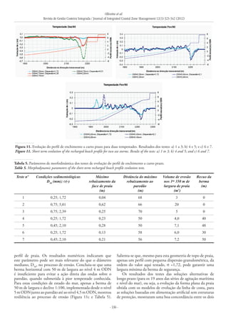 Oliveira et al.
Revista de Gestão Costeira Integrada / Journal of Integrated Coastal Zone Management 12(3):323-342 (2012)
- 336 -
Figura 11. Evolução do perfil de enchimento a curto prazo para duas tempestades. Resultados dos testes: a) 1 a 3; b) 4 e 5; e c) 6 e 7.
Figure 11. Short term evolution of the recharged beach profile for two sea storms. Results of the tests: a) 1 to 3; b) 4 and 5; and c) 6 and 7.
Teste nº Condições sedimentológicas
D50
(mm); σ(-)
Máximo
rebaixamento da
face de praia
(m)
Distância do máximo
rebaixamento ao
paredão
(m)
Volume de erosão
nos 1os
350 m de
largura de praia
(m3
)
Recuo da
berma
(m)
1 0,25; 1,72 0,04 68 3 0
2 0,75; 5,01 0,62 66 20 0
3 0,75; 2,39 0,25 70 5 0
4 0,25; 1,72 0,23 50 4,0 40
5 0,45; 2,10 0,28 50 7,1 48
6 0,25; 1,72 0,13 58 6,0 30
7 0,45; 2,10 0,21 56 7,2 50
Tabela 5. Parâmetros de morfodinâmica dos testes de evolução do perfil de enchimento a curto prazo.
Table 5. Morphodynamic parameters of the short term recharged beach profile evolution tests.
perfil de praia. Os resultados numéricos indicaram que
este parâmetro pode ser mais relevante do que o diâmetro
mediano, D50
, no processo de erosão. Concluiu-se que uma
berma horizontal com 50 m de largura ao nível 4 m ODN
é insuficiente para evitar a ação direta das ondas sobre o
paredão, quando submetida à pior tempestade conhecida.
Para estas condições de estado do mar, apenas a berma de
50 m de largura e declive 1:100, implementada desde o nível
5mODNjuntoaoparedãoatéaonível4,5mODN,mostrou
resiliência ao processo de erosão (Figura 11c e Tabela 5).
Salienta-se que, mesmo para esta geometria de topo de praia,
apenas um perfil com pequena dispersão granulométrica, da
ordem do valor aqui testado, σ =1,72, pode garantir uma
largura mínima da berma de segurança.
Os resultados dos testes das soluções alternativas de
longo prazo (para os 19 anos das séries de agitação marítima
e nível do mar), ou seja, a evolução da forma plana da praia
obtida com os modelos de evolução da linha de costa, para
as soluções baseadas em alimentação artificial sem estruturas
de proteção, mostraram uma boa concordância entre os dois
 