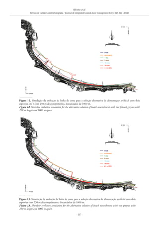 Oliveira et al.
Revista de Gestão Costeira Integrada / Journal of Integrated Coastal Zone Management 12(3):323-342 (2012)
- 337 -
Figura 12. Simulação da evolução da linha de costa para a solução alternativa de alimentação artificial com dois
esporões em Y com 250 m de comprimento, distanciados de 1000 m.
Figure 12. Shoreline evolution simulation for the alternative solution of beach nourishment with two fishtail groynes with
250 m length and 1000 m apart.
Figura 13. Simulação da evolução da linha de costa para a solução alternativa de alimentação artificial com dois
esporões com 250 m de comprimento, distanciados de 1000 m.
Figure 13. Shoreline evolution simulation for the alternative solution of beach nourishment with two groynes with
250 m length and 1000 m apart.
 