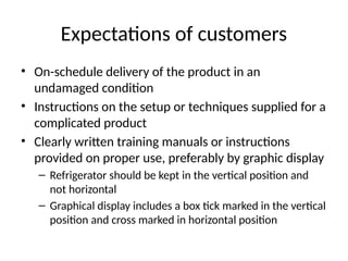 Expectations of customers
• On-schedule delivery of the product in an
undamaged condition
• Instructions on the setup or techniques supplied for a
complicated product
• Clearly written training manuals or instructions
provided on proper use, preferably by graphic display
– Refrigerator should be kept in the vertical position and
not horizontal
– Graphical display includes a box tick marked in the vertical
position and cross marked in horizontal position
 
