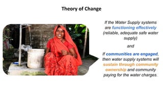 Theory of Change
If the Water Supply systems
are functioning effectively
(reliable, adequate safe water
supply)
and
If communities are engaged,
then water supply systems will
sustain through community
ownership and community
paying for the water charges.
 