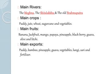 Main Rivers: 
The Meghna, The Shitalakkha & The old Brahmaputra 
Main crops : 
Paddy, jute, wheat, sugarcane and vegetables. 
Main fruits: 
Banana, Jackfruit, mango, papaya, pineapple, black berry, guava, 
olive and litchi. 
Main exports: 
Paddy, bamboo, pineapple, guava, vegetables, lungi, sari and 
fertilizer. 
 