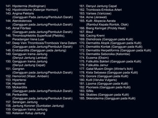 141. Hipotermia (Kedinginan)
142. Hipotiroidisme (Kelenjar Hormon)
143. Angina Pektoris
(Gangguan Pada Jantung/Pembuluh Darah)
144. Aterokslerosis
(Gangguan pada Jantung/Pembuluh Darah)
145. Atrial Fibrilasi
(Gangguan pada Jantung/Pembuluh Darah)
146. Thrombophlebitis Superficial (Plebitis),
Peradangan Vena Luar
147. Deep Vein Thrombosis/Trombosis Vena Dalam
(Gangguan pada Jantung/Pembuluh Darah)
148. Endokarditis (Gangguan pada Jantung)
149. Gangguan Irama Jantung
(Denyut Jantung Lambat)
150. Gangguan Irama Jantung
(Denyut Jantung Cepat)
151. Gangren
(Gangguan pada Jantung/Pembuluh Darah)
152. Hemoroid (Wasir, Ambein)
153. Hipertensi
154. Hipotensi
155. Miokarditis
(Gangguan pada Jantung/Pembuluh Darah)
156. Perikarditis
(Gangguan pada Jantung/Pembuluh Darah)
157. Serangan Jantung
158. Jantung Koroner (Sumbatan Jantung)
159. Gangguan Irama Jantung
160. Kelainan Katup Jantung
161. Denyut Jantung Cepat
162. Trombosis-Embolus Arteri
163. Varises (Varicose)
164. Acne (Jerawat)
165. Kulit: Alopecia Aerata
(Rambut Kepala Rontok, Otak)
166. Biang Keringat (Prickly Heat)
167. Bisul
168. Cacing Kremi
169. Dishidrosis (Gangguan pada Kulit)
170. Dermatitis Atopik (Gangguan pada Kulit)
171. Dermatitis Kontak (Gangguan pada Kulit)
172. Dermatitis Herpetiformis (Gangguan pada Kulit)
173. Dermatitis Seboroika (Ketombe)
174. Eczema (Eksim)
175. Folikulitis Bakteri (Gangguan pada Kulit)
176. Folikulitis Jamur
177. Gatal Musim Dingin (Winter's Itch)
178. Kista Sebasea (Gangguan pada Kulit)
179. Gonore (Gangguan pada Kulit)
180. Kutil (Veruka Vulgaris)
181. Lipoma (Gangguan pada Kulit)
182. Psoriasis (Gangguan pada Kulit)
183. Sifilis
184. Skabies (Gangguan pada Kulit)
185. Skleroderma (Gangguan pada Kulit)
 
