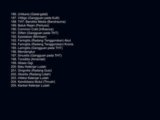 186. Urtikaria (Gatal-gatal)186. Urtikaria (Gatal-gatal)
187. Vitiligo (Gangguan pada Kulit)187. Vitiligo (Gangguan pada Kulit)
188. THT: Barotitis Media (Barotrauma)188. THT: Barotitis Media (Barotrauma)
189. Batuk Rejan (Pertusis)189. Batuk Rejan (Pertusis)
190. Common Cold (Influenza)190. Common Cold (Influenza)
191. Difteri (Gangguan pada THT)191. Difteri (Gangguan pada THT)
192. Epistaksis (Mimisan)192. Epistaksis (Mimisan)
193. Faringitis (Radang Tenggorokan) Akut193. Faringitis (Radang Tenggorokan) Akut
194. Faringitis (Radang Tenggorokan) Kronis194. Faringitis (Radang Tenggorokan) Kronis
195. Laringitis (Gangguan pada THT)195. Laringitis (Gangguan pada THT)
196. Mendengkur196. Mendengkur
197. Sinusitis (Gangguan pada THT)197. Sinusitis (Gangguan pada THT)
198. Tonsilitis (Amandel)198. Tonsilitis (Amandel)
199. Abses Gigi199. Abses Gigi
200. Batu Kelenjar Ludah200. Batu Kelenjar Ludah
201. Gingivitis (Radang Gusi)201. Gingivitis (Radang Gusi)
202. Glositis (Radang Lidah)202. Glositis (Radang Lidah)
203. Infeksi Kelenjar Ludah203. Infeksi Kelenjar Ludah
204. Kandidiasis Mulut (Thrush)204. Kandidiasis Mulut (Thrush)
205. Kanker Kelenjar Ludah205. Kanker Kelenjar Ludah
 