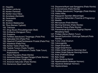 91. Hepatitis 92. Kanker Lambung 93. Kanker Pankreas 94. Kanker Usus Halus 95. Konstipasi (Sembelit) 96. Pankreatitis 97. Proktitis 98. Sindrom Malabsorbsi 99. Tifus (Demam Typhoid) 100. Trikinosis 101. Drug Abuse (Penyalahgunaan Obat) 102. Emfisema (Gangguan Paru) 103. Empiema 104. Fertilitas (kesuburan) Terganggu (Pada Pria) 105. Ejakualasi Dini (Pada Pria) 106. Hipertrofi Prostat/Pembesaran Prostat (Pada Pria) 107. Impotensi (Pada Pria) 108. Kanker Testis (Pada Pria) 109. Testicle Torsion (Testis Terpilin) 110. Undecensus Testiculorum (Testis Tidak Turun),  Kriptorkidisme 111. Abses Payudara (Pada Wanita) 112. Adnexitis/Infeksi Rongga Panggul (Pada Wanita) 113. Amenore Primer (Tidak Haid) 114. Amenore Sekunder (Pada Wanita) 115. Dismenore (Nyeri saat Haid) 116. Disparenia/Nyeri saat Sanggama (Pada Wanita) 117. Endometriosis (Pada Wanita) 118. Fertilitas (kesuburan) Terganggu (Pada Wanita) 119. Infeksi Nifas 120. Keguguran Spontan (Miscarriage) 121. Keracunan Kehamilan (Toxemia of Pregnancy) 122. Mastitis 123. Menopause (Pada Wanita) 124. Morning Sickness (Pada Wanita) 125. Plasenta Previa (Pada Wanita) 126. Premenstrual Syndrome (Tegang/ Depresi  Menjelang Haid) 127. Prolaps Uterus (Rahim Turun) 128. Sexual Dysfunction /Disfungsi Seksual (Pada  Wanita) 129. Tumor Jinak Ovarium 130. Vulvovaginitis 131. Gagal Ginjal Akut 132. Gagal Ginjal Kronis 133. Infeksi Ginjal (Saluran Kencing) Akut 134. Infeksi Ginjal (Saluran Kencing) Kronis 135. Kista (Polikistik) Ginjal 136. Batu Ginjal 137. Batu Kandung Kemih 138. Hipertiroidisme (Kelenjar Hormon) 139. Hipotiroid (Kelenjar Hormon) 140. Hipokondriasis 