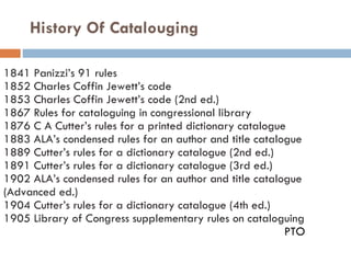 1841 Panizzi’s 91 rules 1852 Charles Coffin Jewett’s code 1853 Charles Coffin Jewett’s code (2nd ed.) 1867 Rules for cataloguing in congressional library 1876 C A Cutter’s rules for a printed dictionary catalogue 1883 ALA’s condensed rules for an author and title catalogue 1889 Cutter’s rules for a dictionary catalogue (2nd ed.) 1891 Cutter’s rules for a dictionary catalogue (3rd ed.) 1902 ALA’s condensed rules for an author and title catalogue (Advanced ed.) 1904 Cutter’s rules for a dictionary catalogue (4th ed.) 1905 Library of Congress supplementary rules on cataloguing PTO History Of Catalouging  