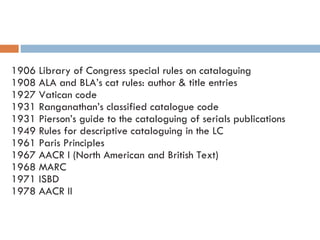 1906 Library of Congress special rules on cataloguing 1908 ALA and BLA’s cat rules: author & title entries 1927 Vatican code 1931 Ranganathan’s classified catalogue code 1931 Pierson’s guide to the cataloguing of serials publications 1949 Rules for descriptive cataloguing in the LC 1961 Paris Principles 1967 AACR I (North American and British Text) 1968 MARC 1971 ISBD 1978 AACR II 