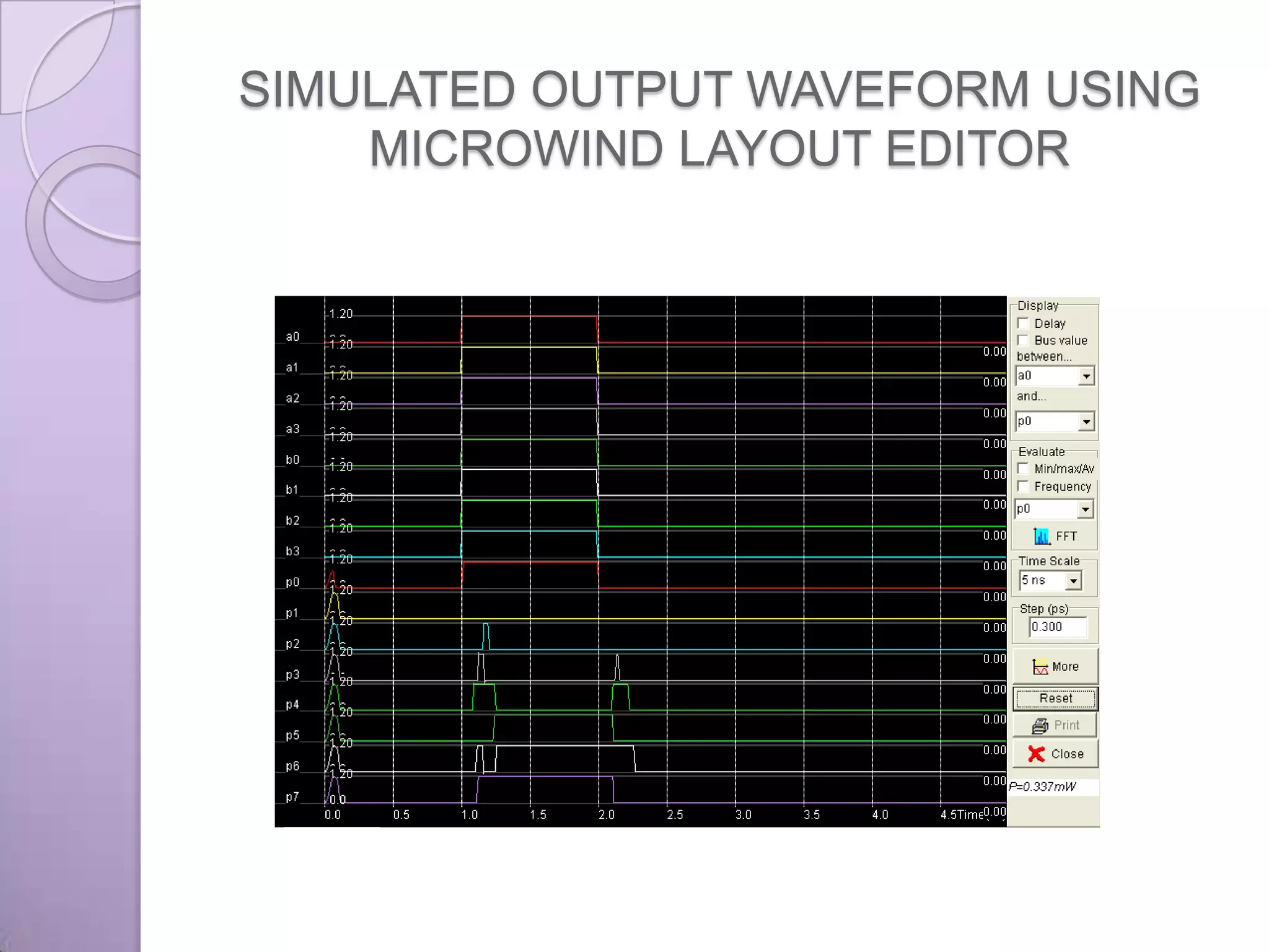 SIMULATED OUTPUT WAVEFORM USING
    MICROWIND LAYOUT EDITOR
 