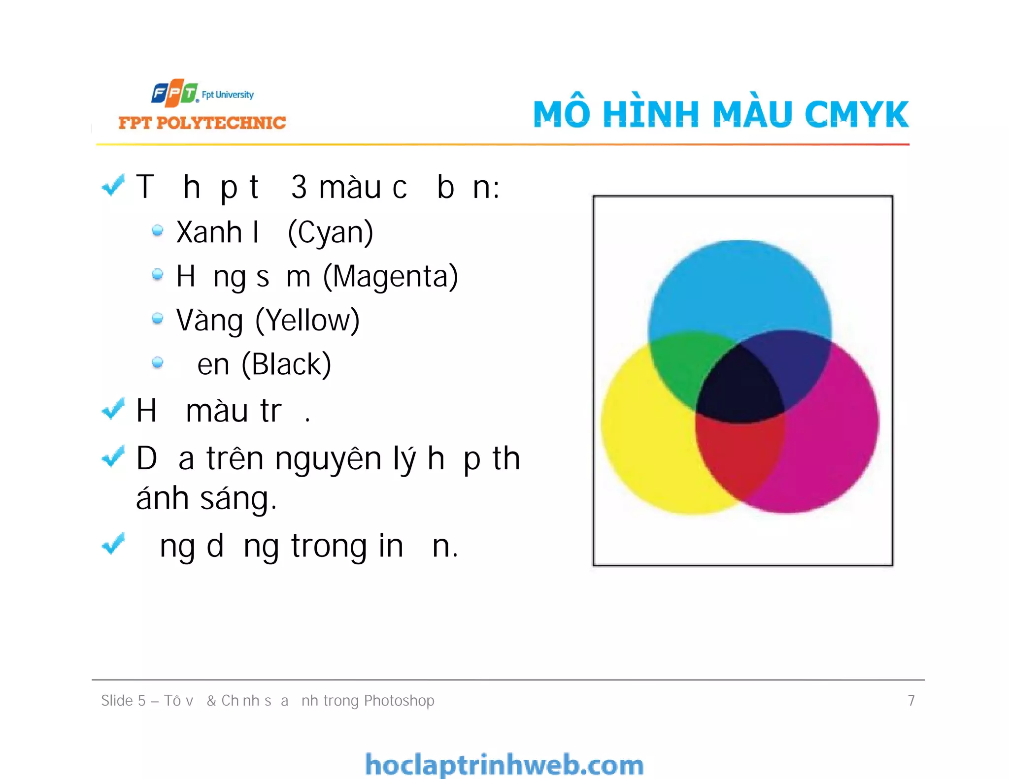 MÔ HÌNH MÀU CMYK
Tổ hợp từ 3 màu cơ bản:
Xanh lơ (Cyan)
Hồng sẫm (Magenta)
Vàng (Yellow)
Đen (Black)
Hệ màu trừ.
Dựa trên nguyên lý hấp thụ
ánh sáng.
Ứng dụng trong in ấn.
Tổ hợp từ 3 màu cơ bản:
Xanh lơ (Cyan)
Hồng sẫm (Magenta)
Vàng (Yellow)
Đen (Black)
Hệ màu trừ.
Dựa trên nguyên lý hấp thụ
ánh sáng.
Ứng dụng trong in ấn.
Slide 5 – Tô vẽ & Chỉnh sửa ảnh trong Photoshop 7
 